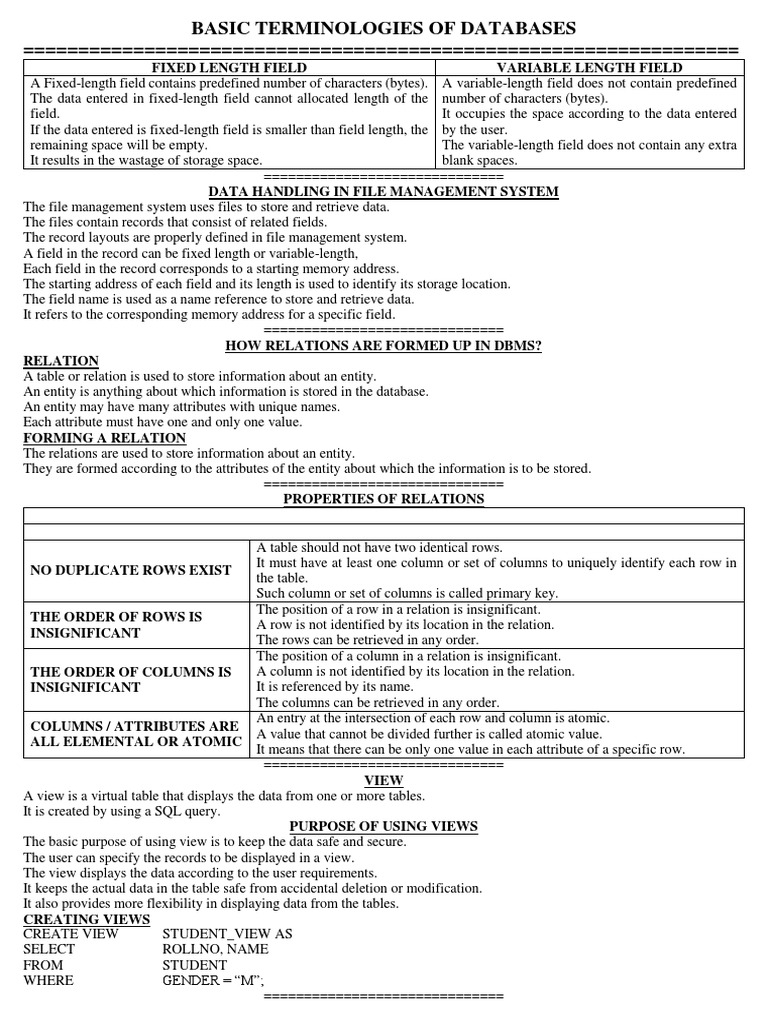 Basic Terminologies of Databases | PDF | Database Index | Databases