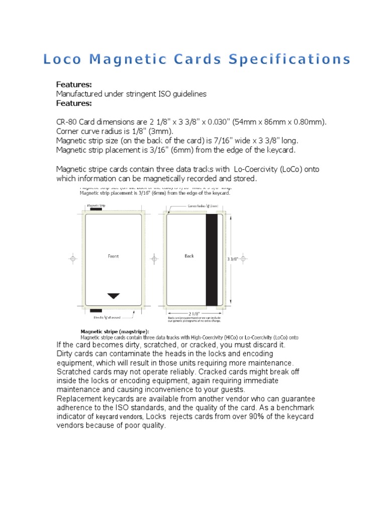 Key Card Dimensions and Specifications | PDF