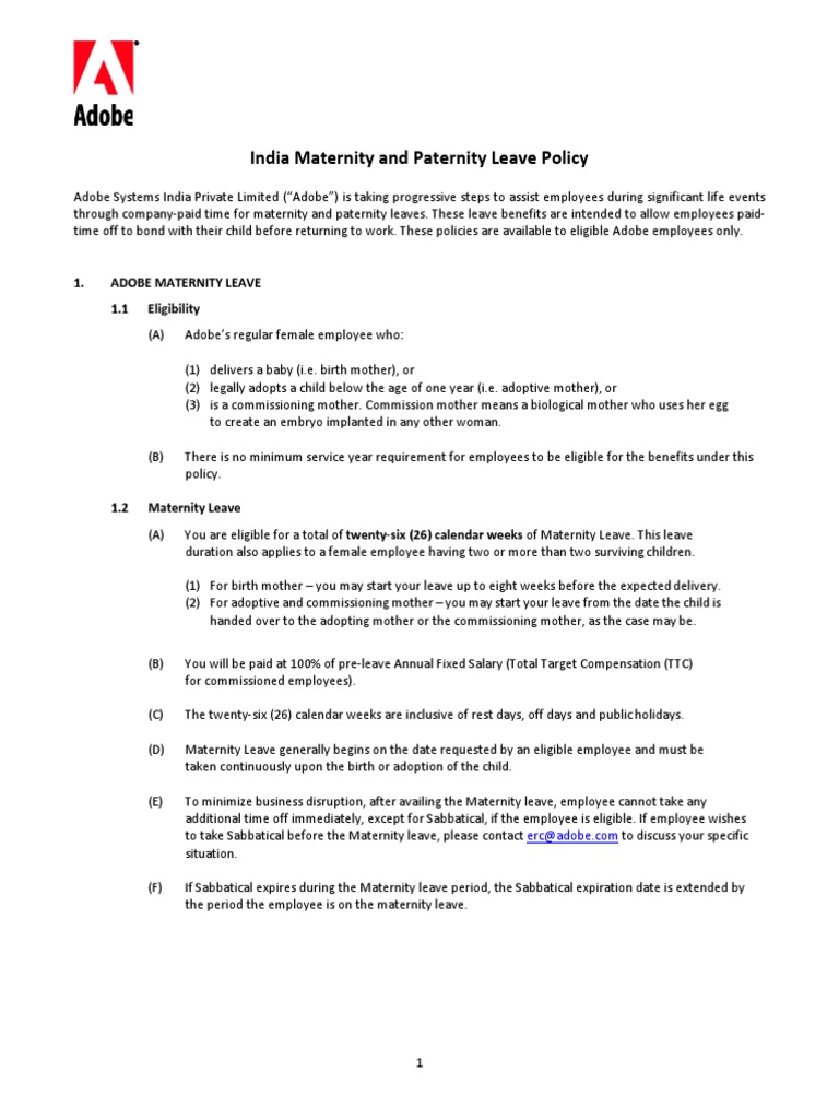 India Maternity and Paternity Leave Policy Summary | PDF | Parental ...