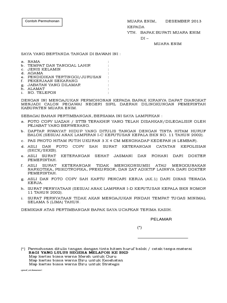Contoh Surat Lamaran Dan Pernyataan Cpns 2013 Pdf