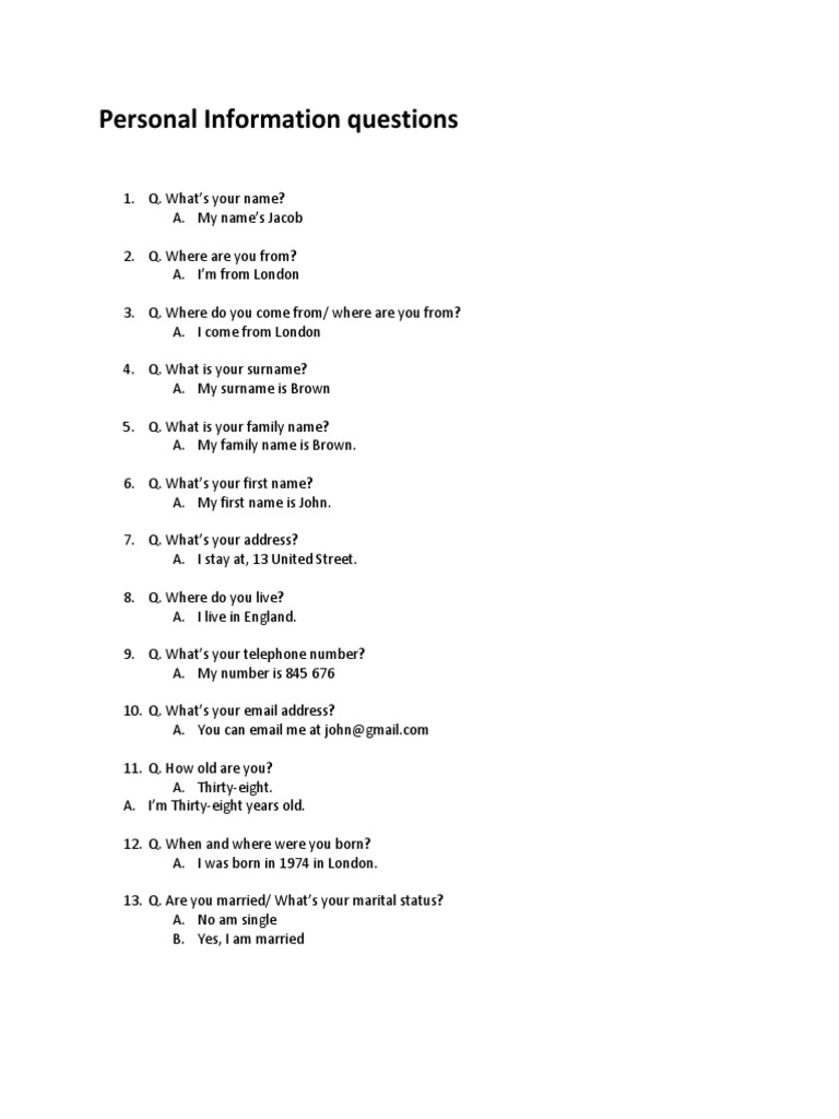 Personal Information Questions | PDF