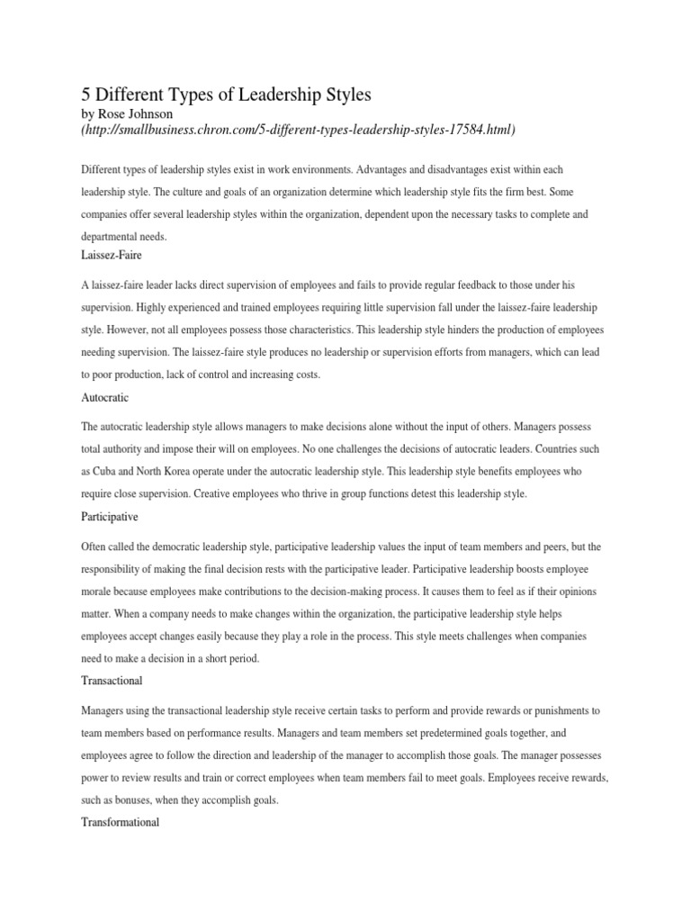 5 Different Types of Leadership Styles by Rose Johnson PDF