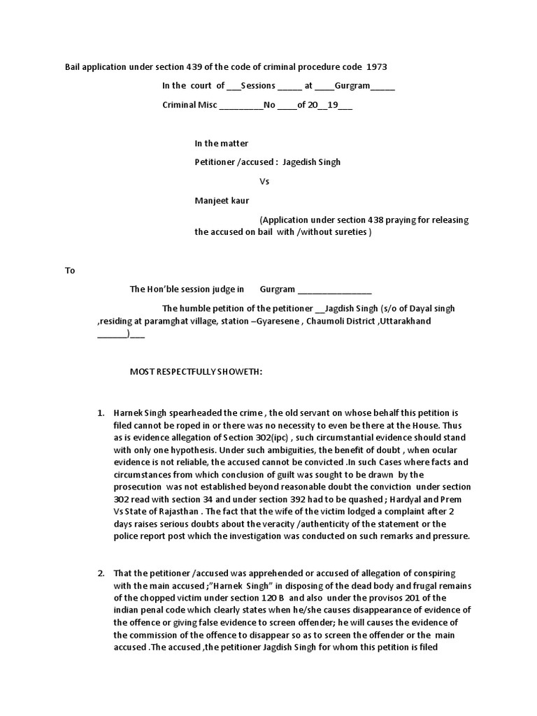 Bail Application Under Section 439 of The Code of Criminal Procedure
