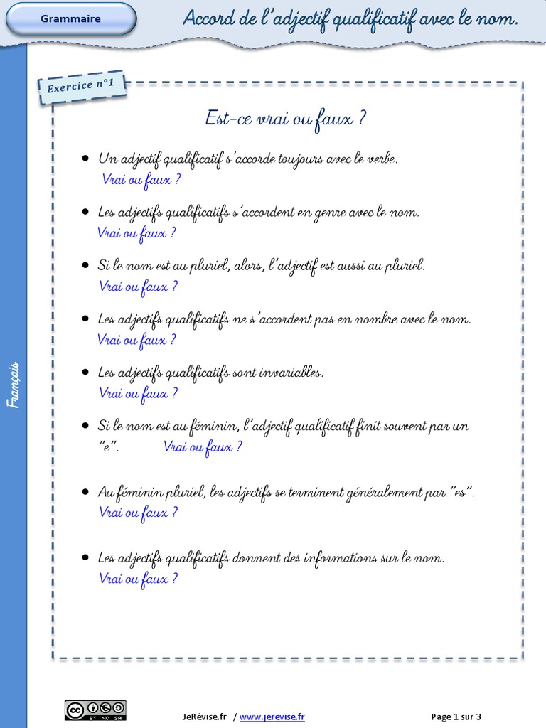 Accord De L adjectif Exercices à Imprimer Accord Adjectif Qualificatif Nom Exercices PDF | PDF | Genre grammatical |  Nombre grammatical