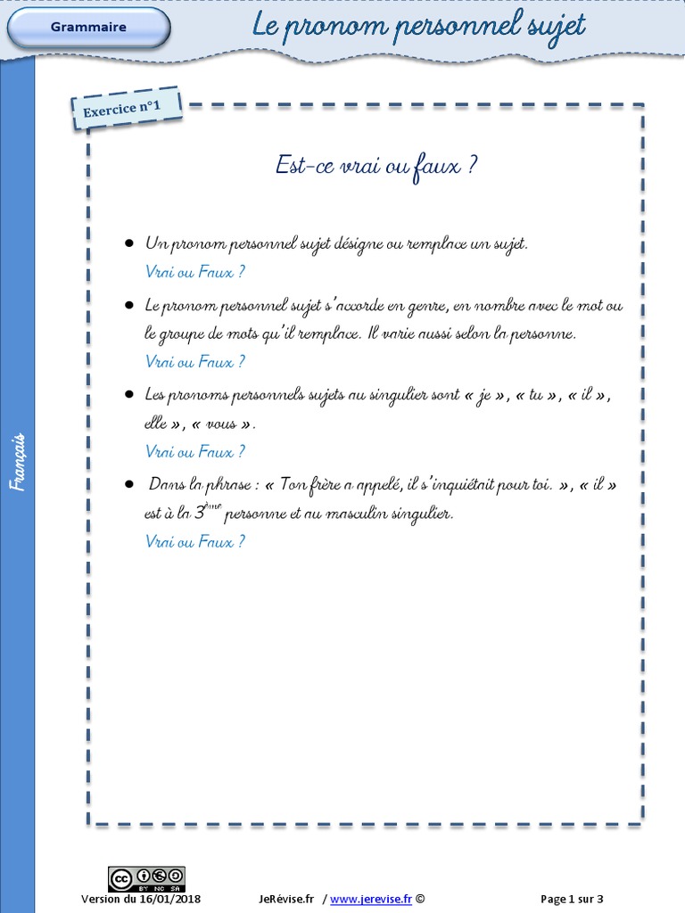 Les Pronoms Personnels Exercices Corrigés Pdf Exercice Pronom Personnel Sujet PDF | PDF | Nombre grammatical | Genre  grammatical