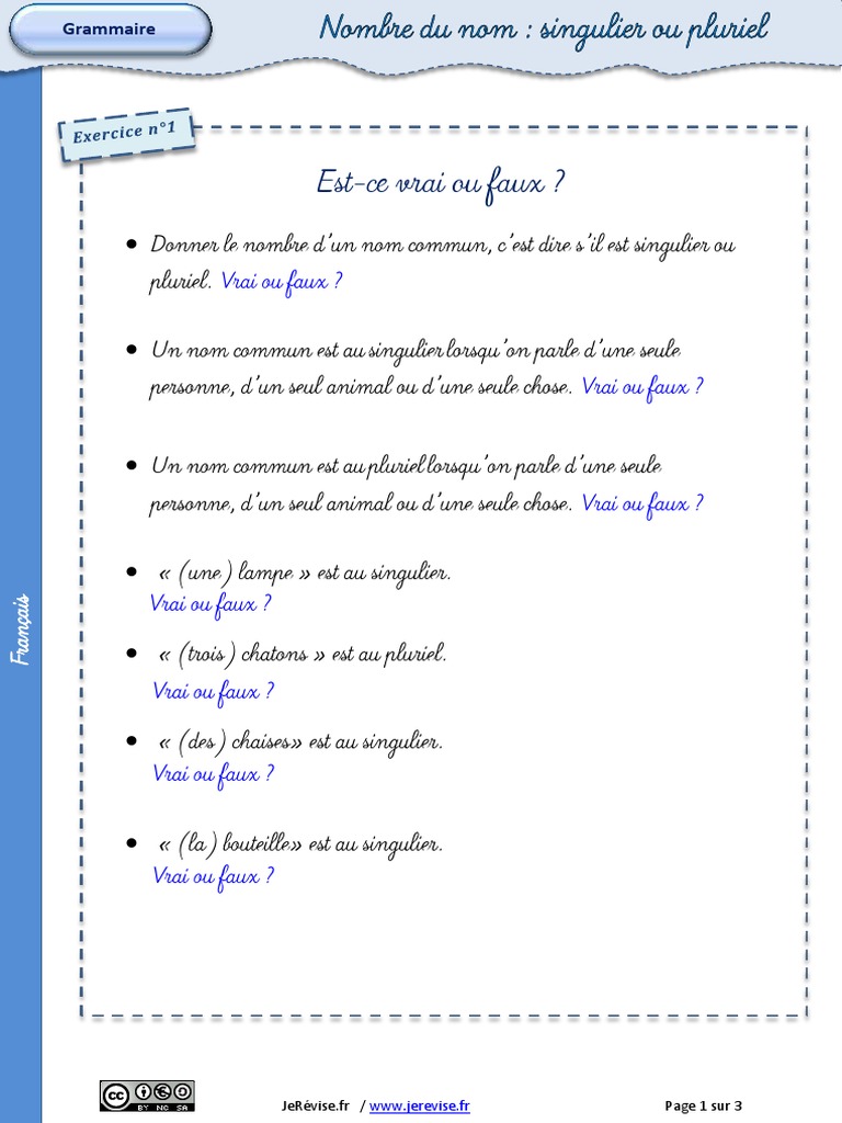 Singulier / Pluriel Exercices Ce1 Exercices Nombre Nom Singulier Pluriel PDF | PDF | Loisirs | Divertissement  (Général)