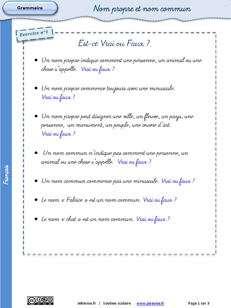 Nom Propre Et Nom Commun Exercice Exercices Nom Propre Commun - 2 PDF | PDF | Nom (grammaire) | Langue  française