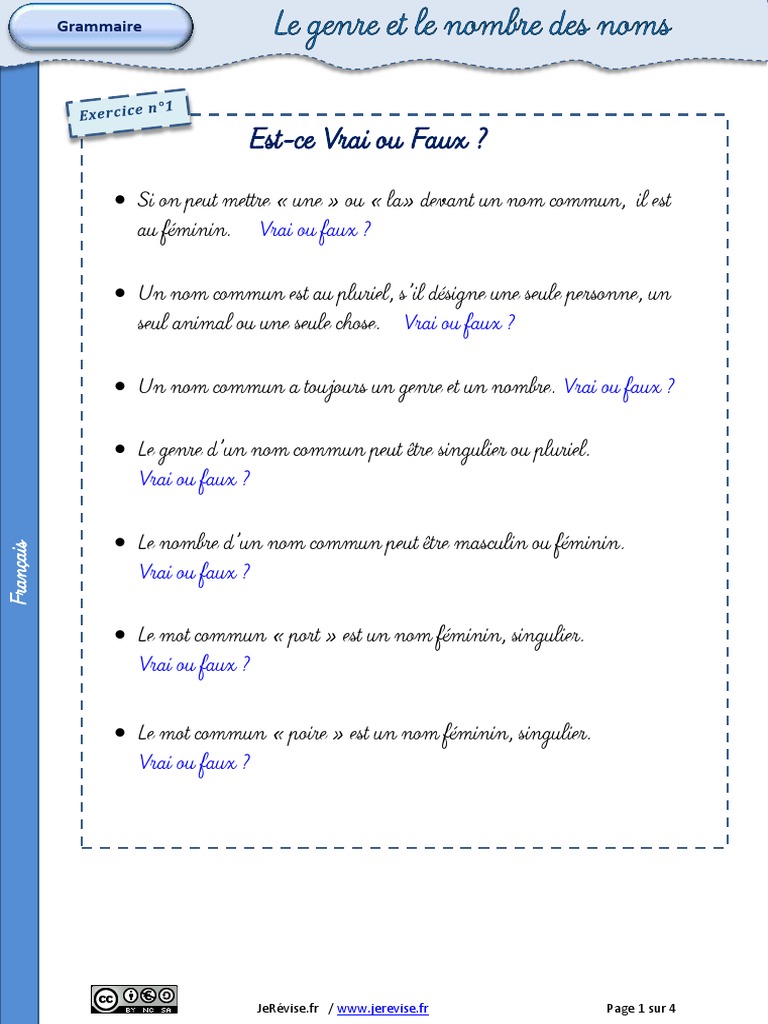 Exercice Genre Et Nombre Ce1 à Imprimer Exercices Nom Genre Nombre PDF | PDF | Nom (grammaire) | Genre grammatical