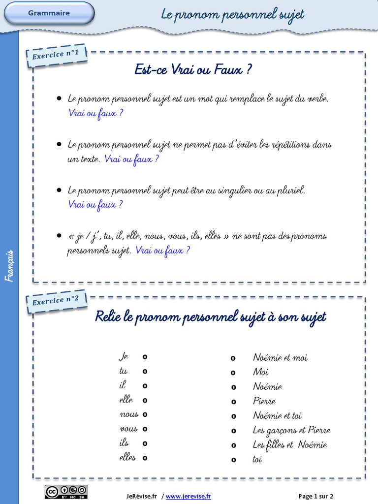 Les Pronoms Exercices Corrigés Pdf Exercices Pronom Personnel Sujet PDF | PDF | Sujet (Grammaire) | Nombre  grammatical