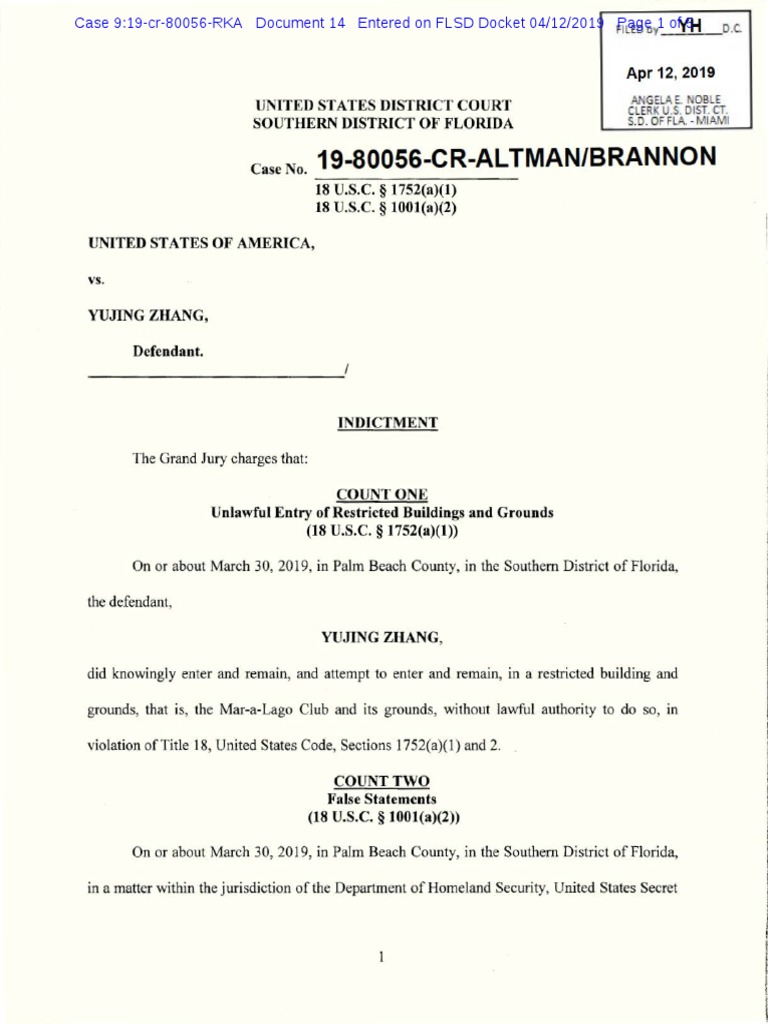 YujingZhang Indictment 04122019 19cr80056 | PDF | Indictment | Complaint