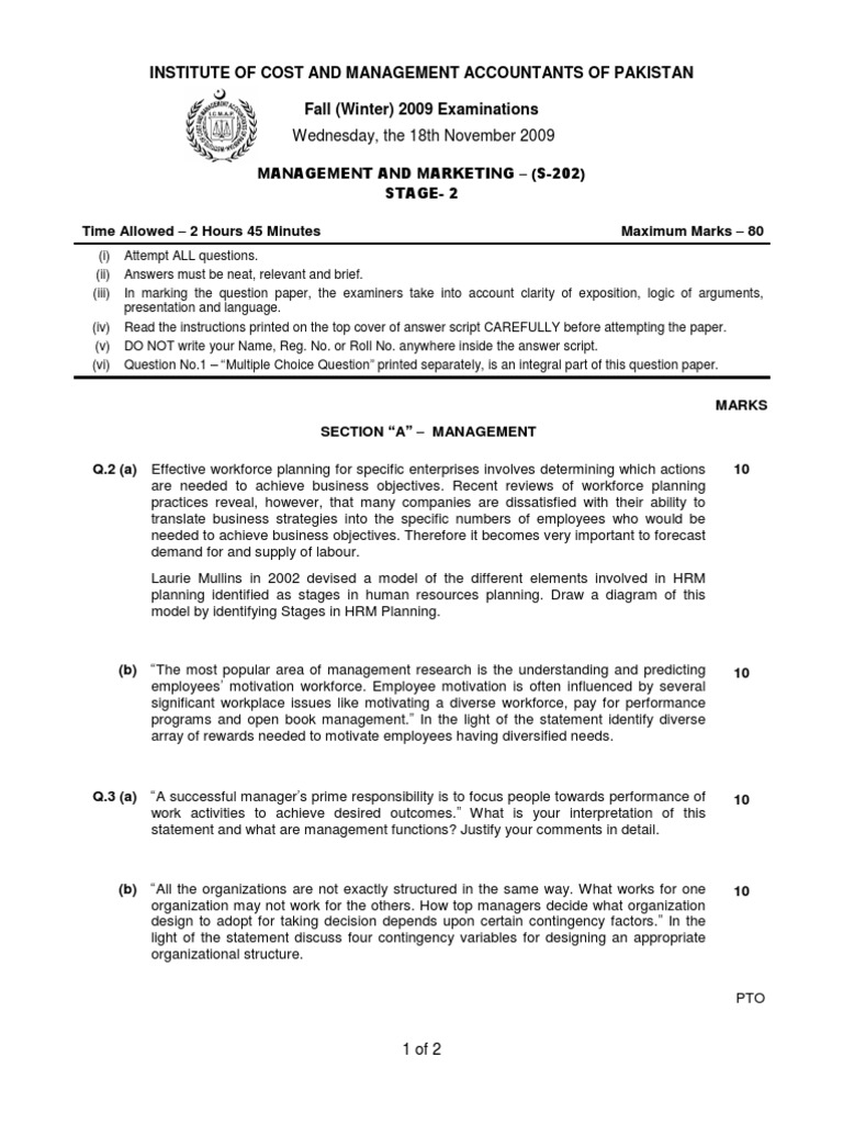 Management and Marketing Exam Paper 2009 | PDF | Marketing | Strategic ...