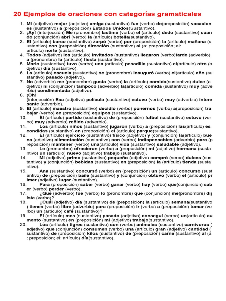 Ejemplos De Oraciones Con Categorias Gramaticales Pdf Sustantivo Adjetivo