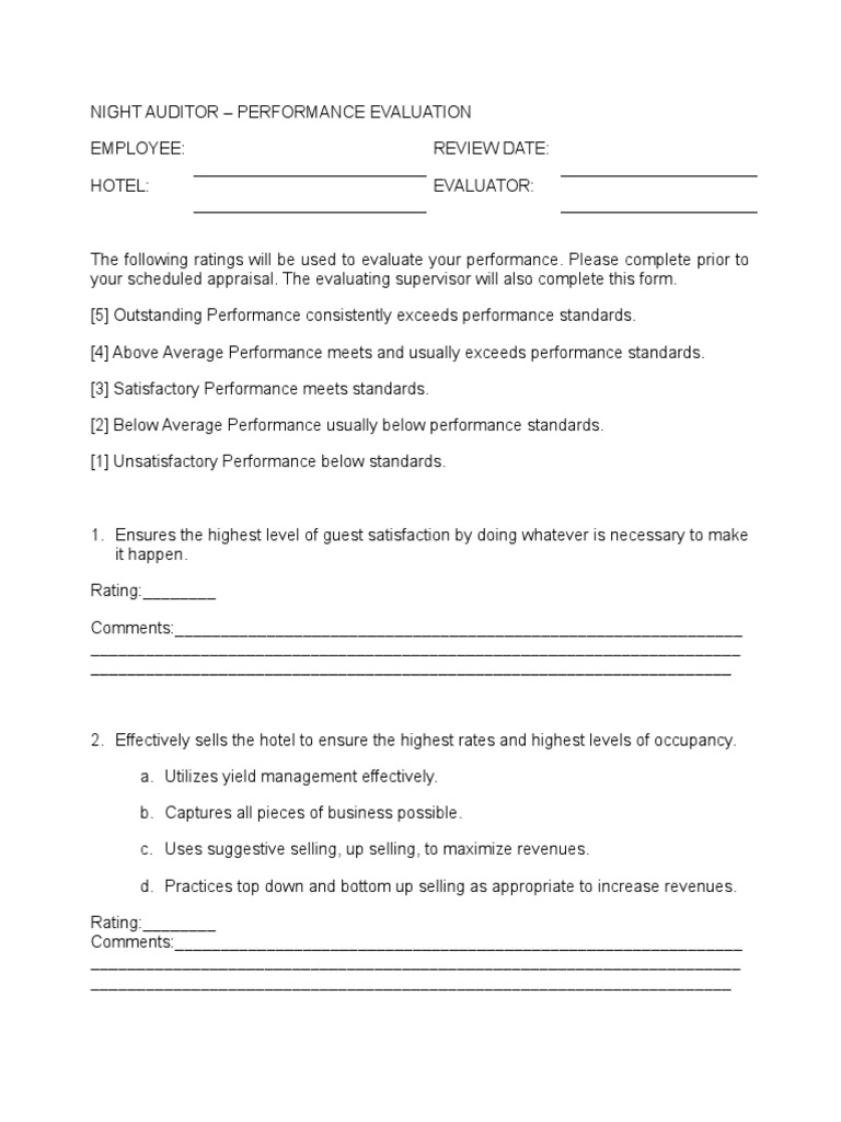 Night Auditor Performance Evaluation Form | PDF | Performance Appraisal ...