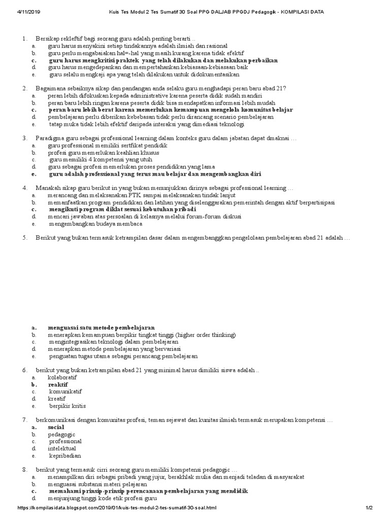 Kuis Tes Modul 2 Tes Sumatif 30 Soal Ppg Daljab Ppgdj Pedagogik Kompilasi Data