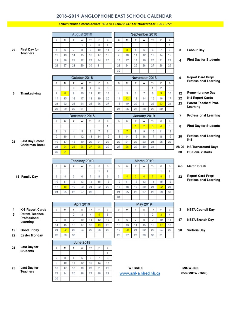 20182019 Anglophone East School Calendar September 2018 PDF