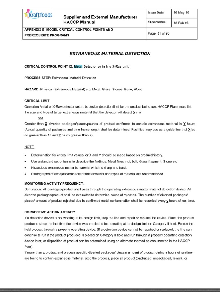 Kraft Metal Detector CCP, Critical Limits PDF