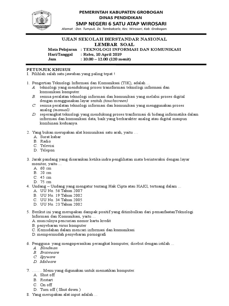 Ainamulyana Blogspot Com Soal Usbn Tik Smp Ok