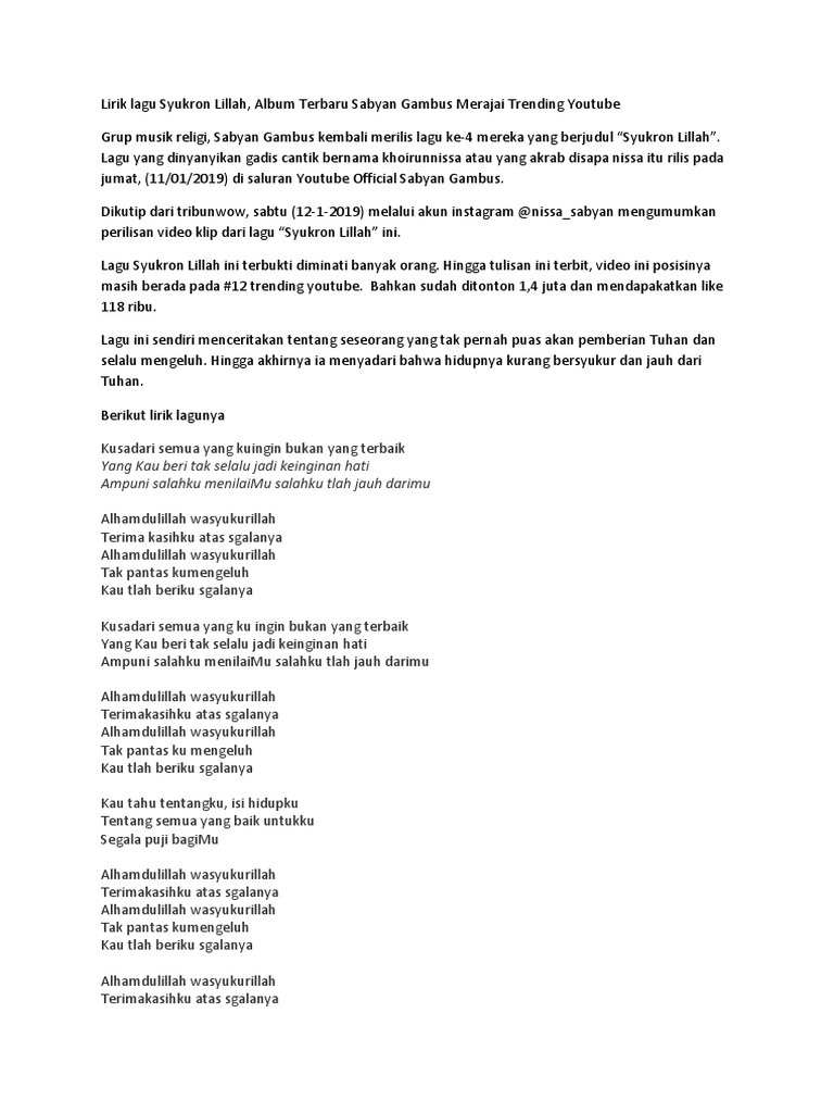 Lirik Lagu Syukron Lillah