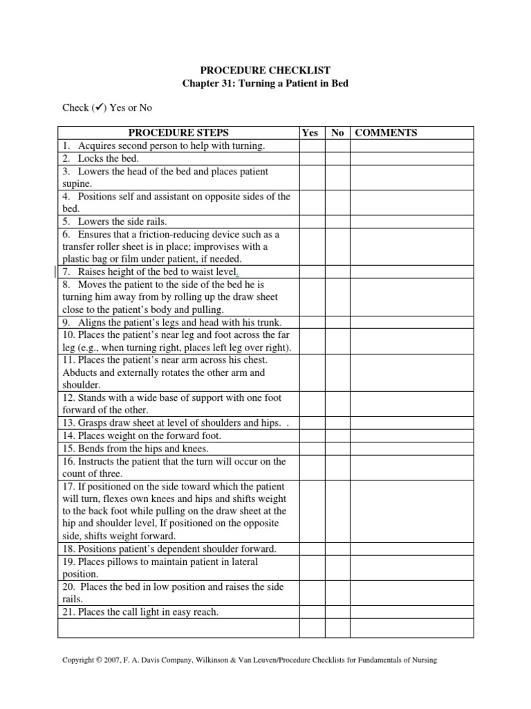 Procedure Checklist Chapter 31 Turning A Patient in Bed PDF