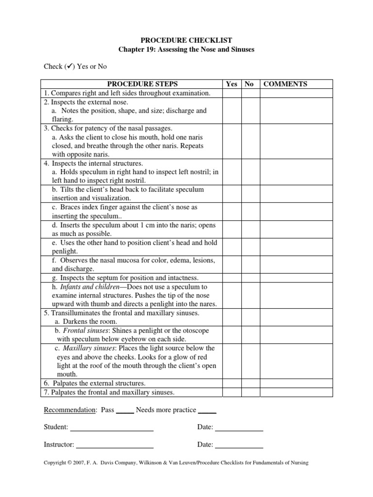 Procedure Checklist Chapter 19: Assessing The Nose and Sinuses | PDF