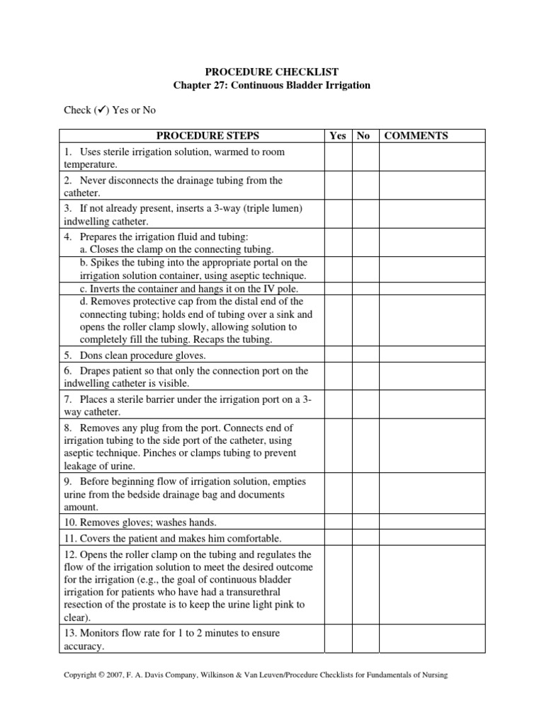 Procedure Checklist Chapter 27: Continuous Bladder Irrigation | PDF ...