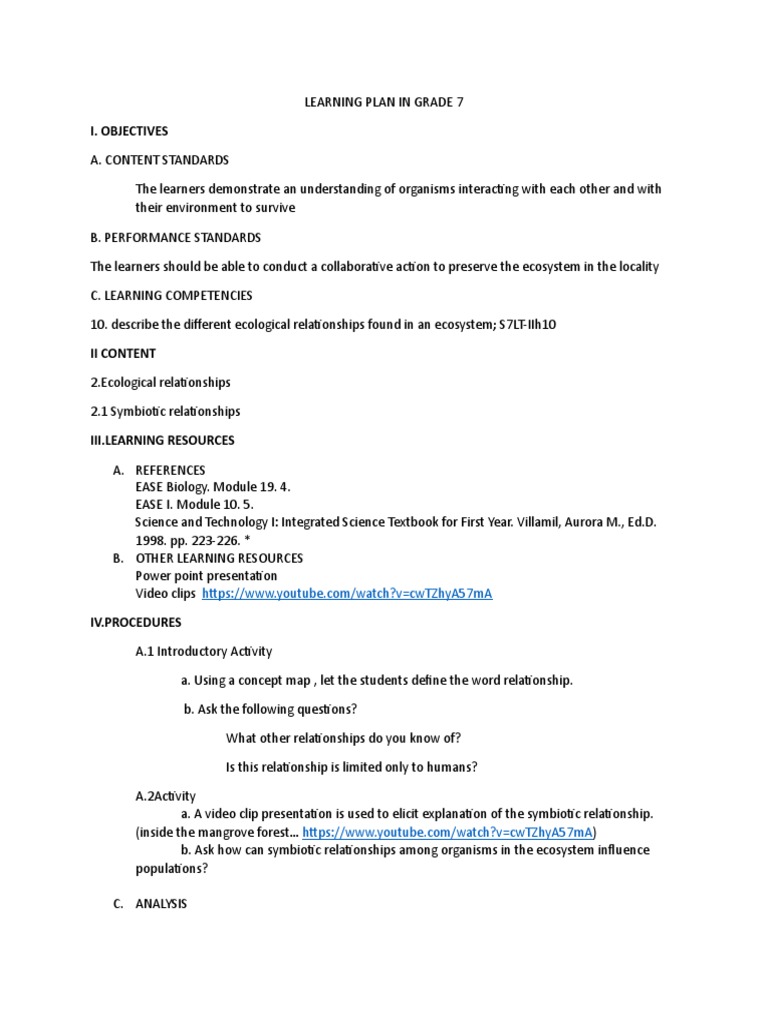 Grade 7 Ecosystem Learning Plan | PDF | Symbiosis | Mangrove