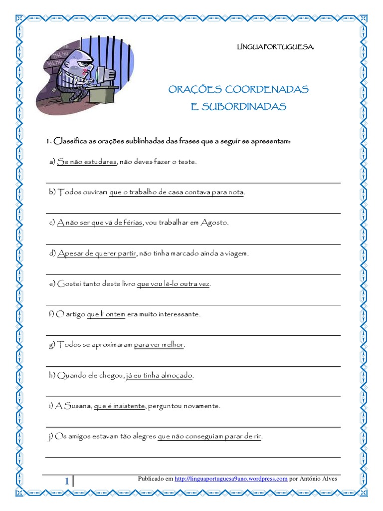 Exercícios sobre Oração Coordenada e Subordinada | PDF | Artes ...