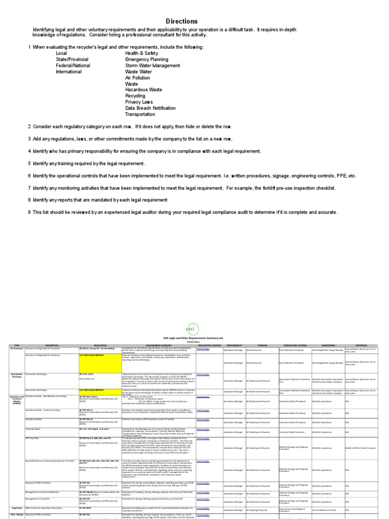 U.S. EHS Legal Requirements Summary List - 0 | PDF | Resource ...
