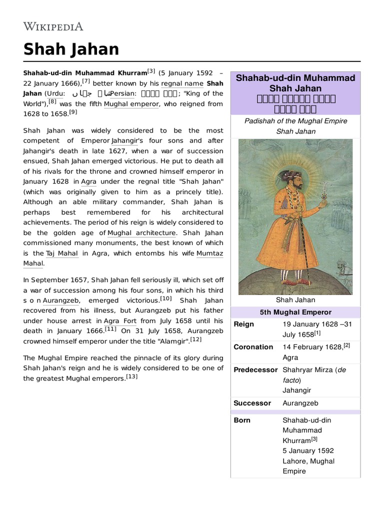 Shah Jahan | PDF | Timurid Dynasty | Mughal Empire