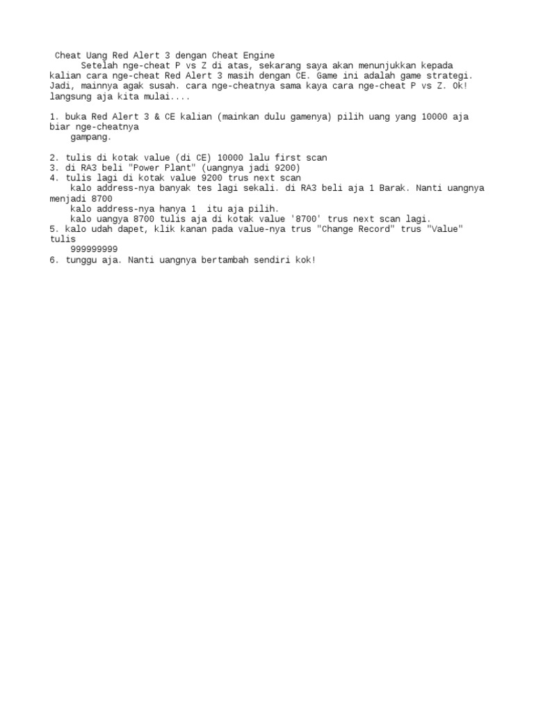 Cheat Uang Red Alert 3 dengan CE | PDF