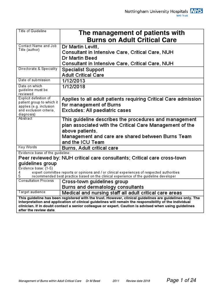 ICU Burns Guideline PDF Burn Intensive Care Medicine