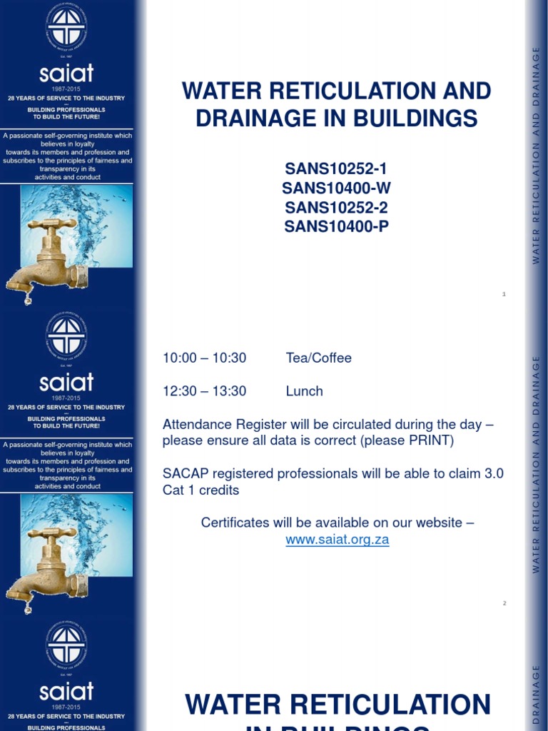 SANS 10252: Water Reticulation Guide | PDF | Heat Pump | Plumbing