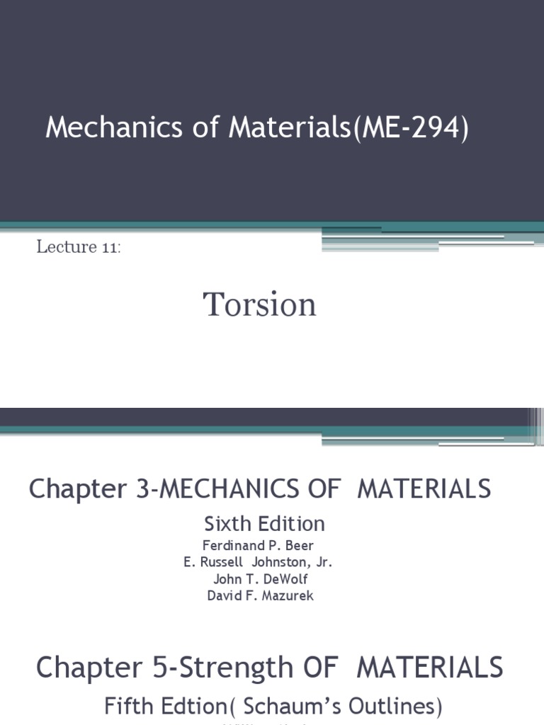 Mechanics of Materials (ME-294) : Torsion | PDF | Torque | Stress ...
