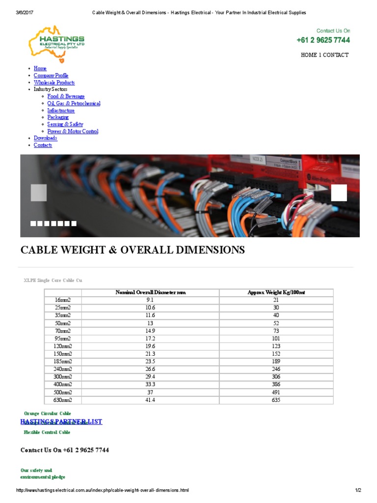 Cable Weight & Overall Dimensions Hastings Electrical Your Partner