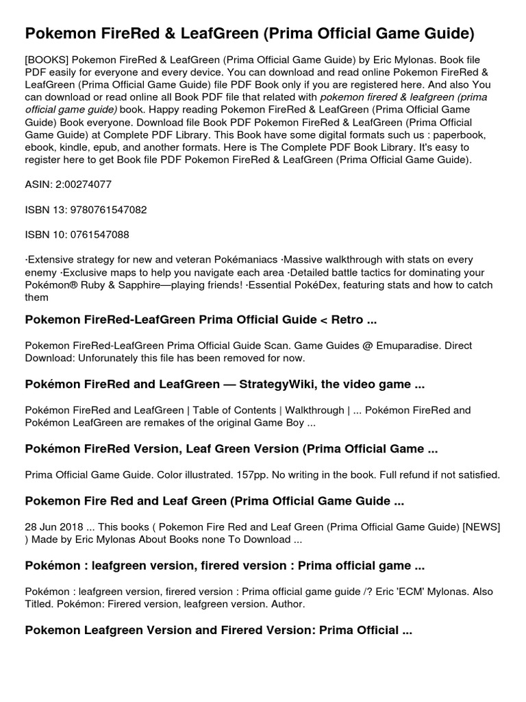 Eric Mylonas Pokemon Fire Red Leaf Green Prima Official Game Guide Pdf Pokemon Nintendo