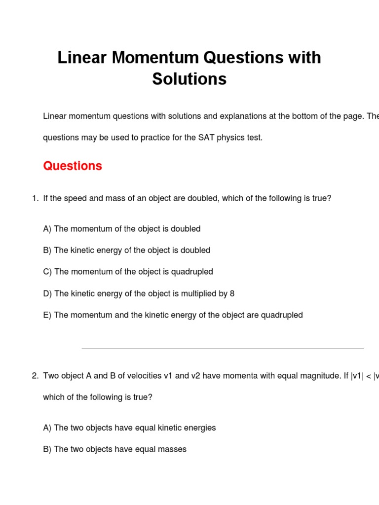 Linear Momentum Questions With Solutions PDF Momentum Collision