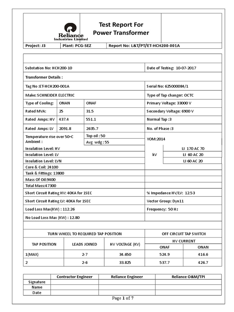 Power Transformer Test Report J3 | PDF | Transformer | Relay