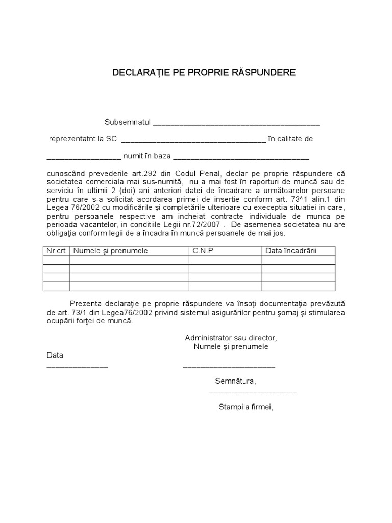 Declaratie Angajator Art 73 1 Legea Somajului