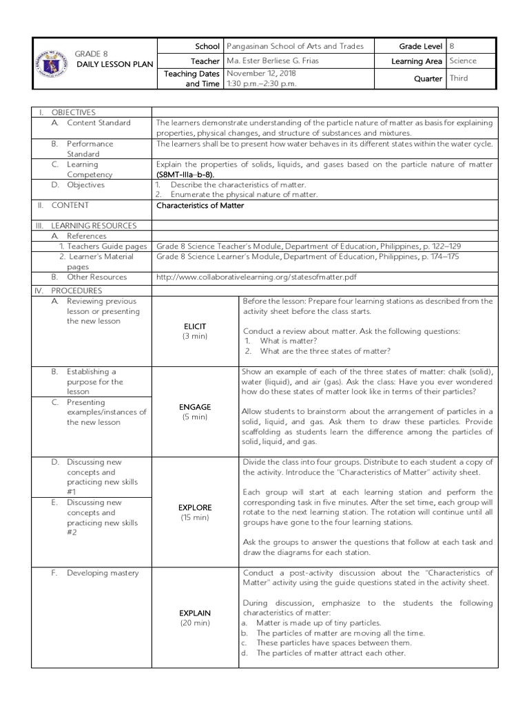 Grade 8 Lesson Characteristics of Matter | Matter | Lesson Plan