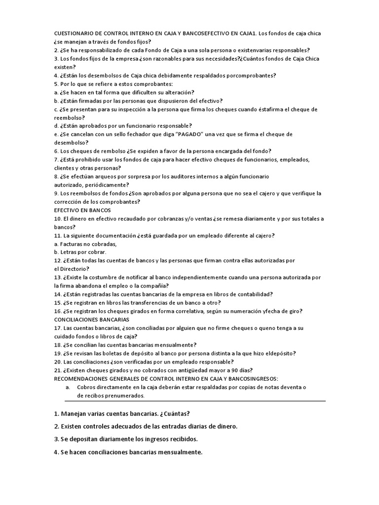 Cuestionario de Control Interno en Caja y BANCO | PDF | Cheque | Bancos
