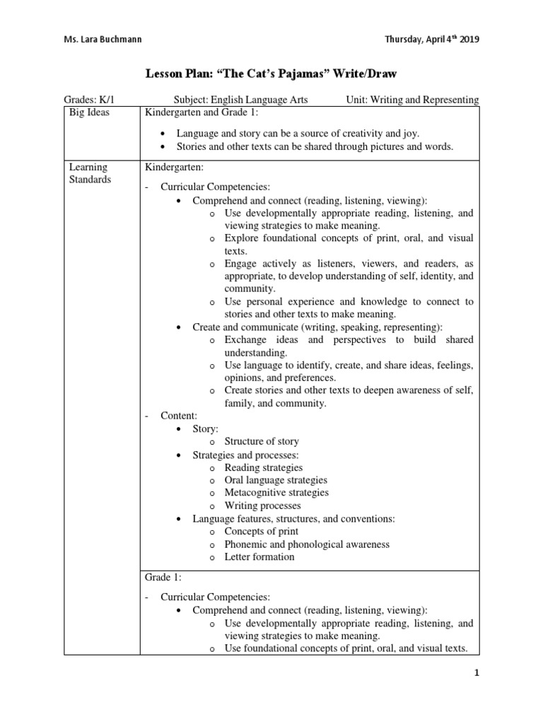 Lesson Plan - The Cats Pjs Write Draw | PDF | Reading (Process) | Writing