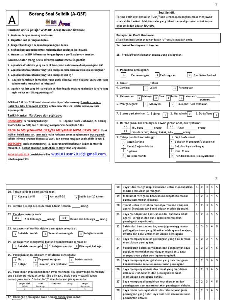 A Qsf Borang Soal Selidik Profil Usahawan Feb 2019 Pdf