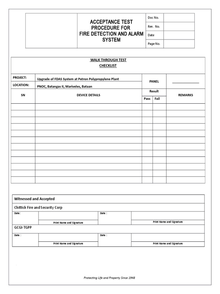 Acceptance Test Procedure For Fire Detection and Alarm System | PDF ...