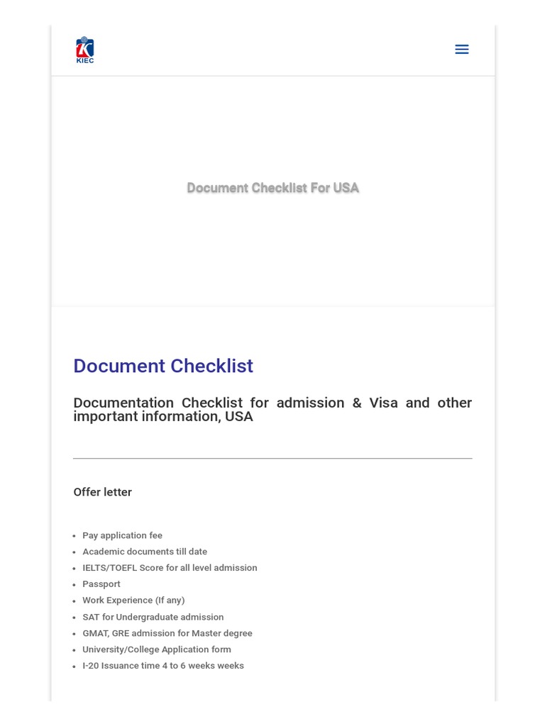 Document Checklist For USA - KIEC | PDF | University And College ...