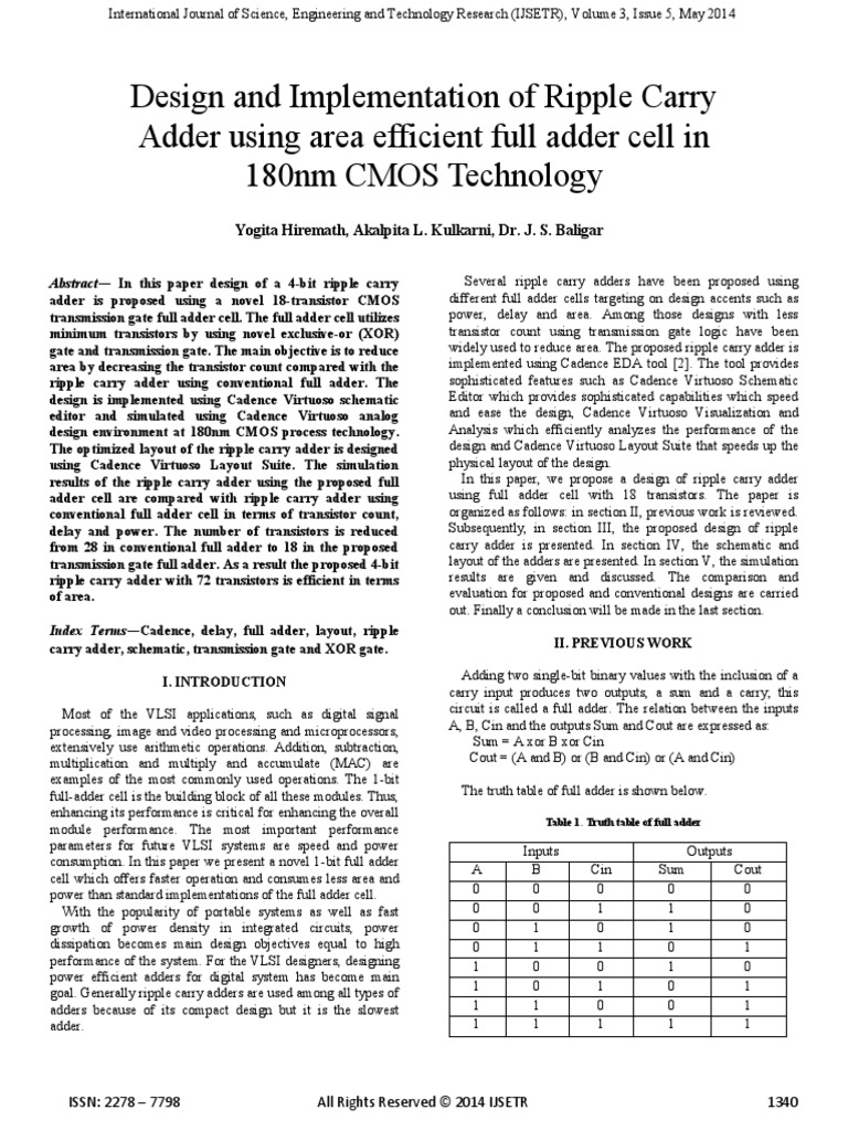 Design and Implementation of Ripple Carry Adder Using Area Efficient ...