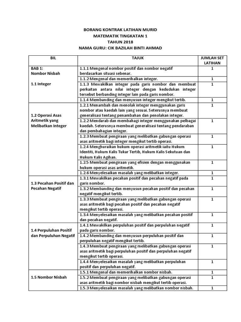 Borang Kontrak Latihan Murid Matematik Pdf Pdf