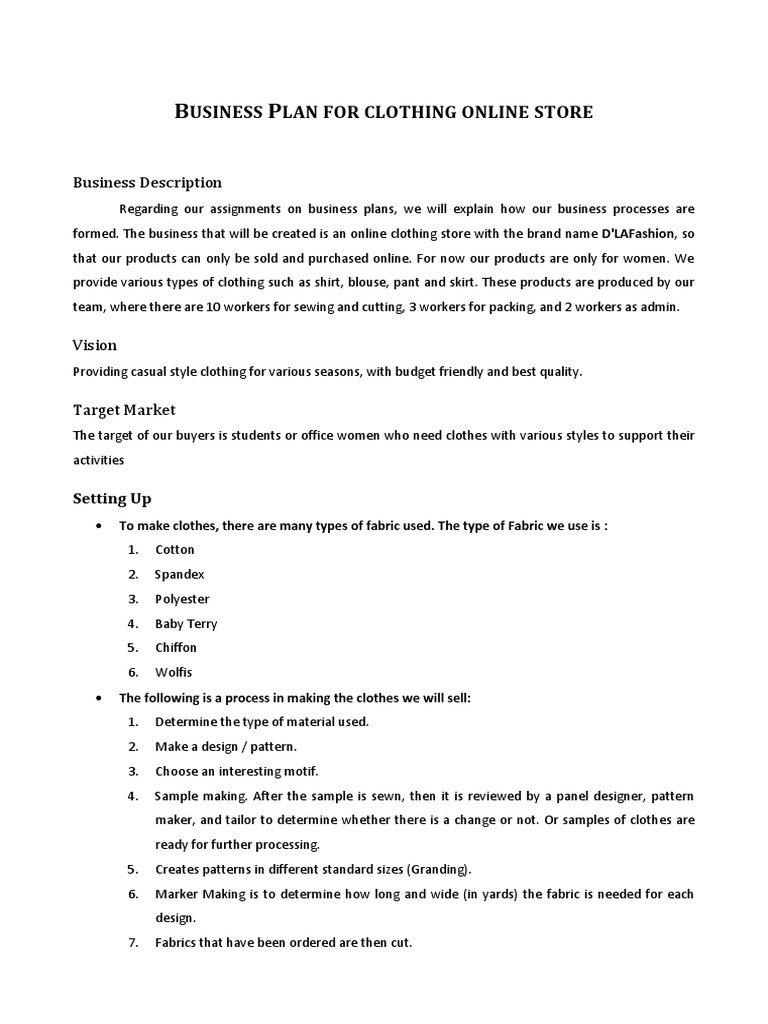 business plan for online clothing store pdf