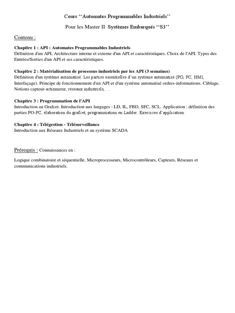 Cours sur Automates Programmables API | PDF | Automate programmable ...