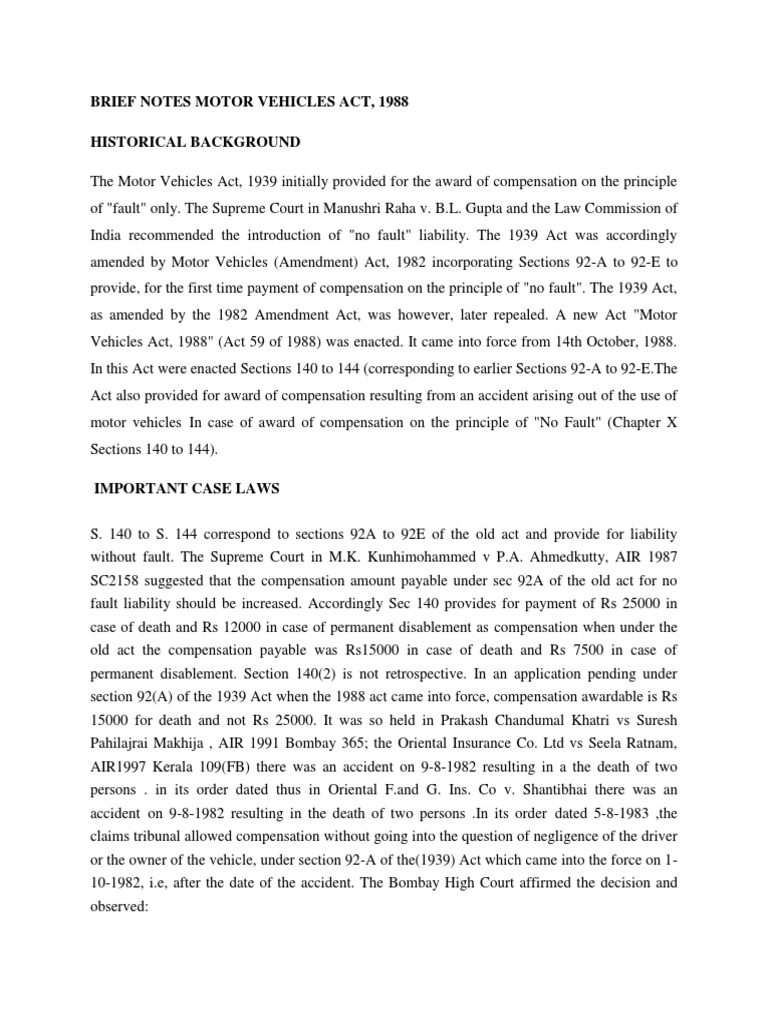 An Overview of Key Provisions of the Motor Vehicles Act, 1988 and Important Case Laws Related to