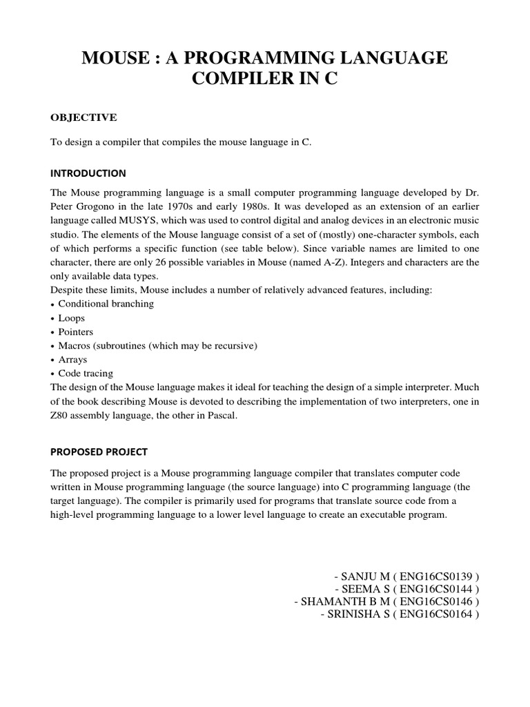Mouse: A Programming Language Compiler in C: Objective | PDF